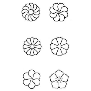 May include: Six black and white line drawings of different flower shapes. The flowers are all circular except for the last one, which is a five-petal flower.