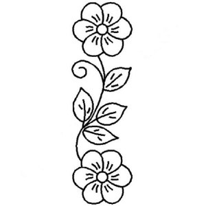 Può includere: Un disegno in bianco e nero di un motivo floreale stilizzato con due fiori e foglie.