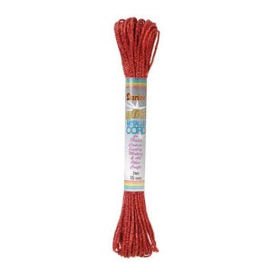 May include: A spool of red metallic cord, labeled "Darice Glitzy Metallic Cord." The cord is 2mm thick and contains 15 yards. The label also mentions uses for plastic canvas, country making, and other crafts.