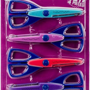 May include: A package of four paper edging scissors in a starter set. The scissors have blue handles and blades in teal, purple, red, and pink. The package has text that reads "Paper Edging Scissors" and "Great for Scrapbooking & Kids Crafts."