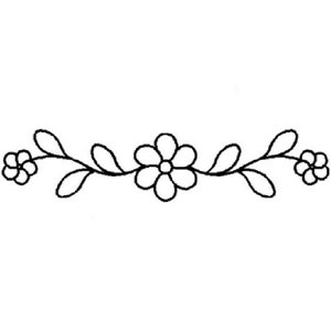 May include: A black and white floral line art design. The design features a central flower with five petals, flanked by leaves and smaller flower buds on either side. The design is symmetrical and suitable for various craft projects.