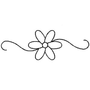 May include: A simple black line drawing of a flower with five petals and a centre circle. The flower is connected to two curved lines on either side.
