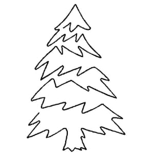 May include: A black and white line drawing of a stylized Christmas tree with a pointed top and four layers of branches.