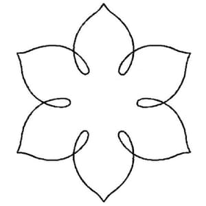 May include: A black line drawing of a six-petal flower. Each petal is a teardrop shape with a looped design at the top. The flower is centered on a white background.