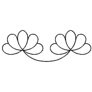 May include: A black and white line drawing of two stylized flower shapes with five petals each. The flowers are connected by a curved line.