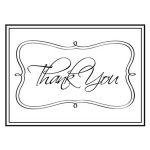 Puede incluir: Una tarjeta de agradecimiento en blanco y negro con un borde decorativo y un mensaje de agradecimiento escrito a mano.