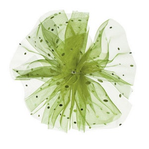 Puede incluir: Un lazo de tul verde con lunares negros. El lazo está hecho de una tela transparente y es perfecto para agregar un toque de elegancia a cualquier regalo.