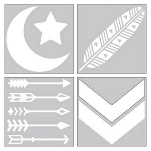 May include: A set of four white vinyl wall decals featuring a crescent moon and star, a feather, a set of four arrows, and a chevron pattern. The decals are on a gray background.