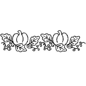 May include: Black and white line art of a pumpkin and leaf border. Two pumpkins are centered, with leaves and curly vines extending to the sides. The design is suitable for fall or harvest-themed crafts and decorations.