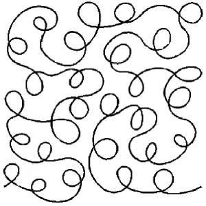 Peut inclure: Dessin au trait noir d'un motif répétitif de formes bouclées et tourbillonnantes. Le motif présente des lignes continues formant des boucles et des courbes arrondies, créant une composition abstraite et fluide sur fond blanc.