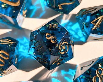 Blau Gold Flocken Würfelset - Sharp-Edge | Rollenspiel DND MTG Dungeons & Dragons