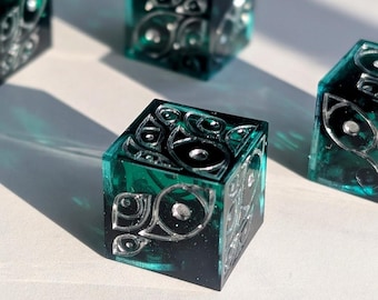 Necrotic Teal 4-D6 Eye Pipped Dice Set - Sharp-Edge | DND MTG Dungeons & Dragons