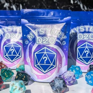 May include: Three blue pouches with the text "MYSTERY D20" and a question mark inside a geometric shape. Assorted colorful D20 dice are scattered in front. The pouches have a starry sky design.