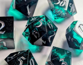 Necrotic Teal Resin Dice Set - Sharp Edge 7-Piece RPG Gaming Dice
