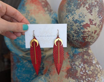 Moon Drop | Brass and Leather Feather Earrings