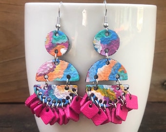 Recycled Leather Earrings, Marbled Multicolor Drop Bold Statement Earrings