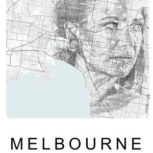 May include: A black and white line art illustration of a person's face, created using the street map of Melbourne, Australia. The text "MELBOURNE" and "AUSTRALIA" are below the image, along with the coordinates "37.81° S, 144.96° E".