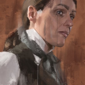 Puede incluir: Un retrato de una persona con una camisa blanca y un chaleco oscuro. La persona tiene el pelo oscuro y mira hacia un lado. El fondo es de color marrón.