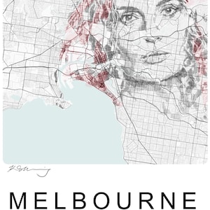 Peut inclure: Une carte en noir et blanc de Melbourne, Australie, avec un visage de femme superposé. La carte présente des touches de rouge et le nom de la ville en gras. Les coordonnées sont également incluses.