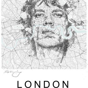 Puede incluir: Lámina artística en blanco y negro que presenta un retrato superpuesto a un mapa de Londres. El retrato es un boceto detallado, y el mapa muestra la red de carreteras de la ciudad. La palabra "LONDON" está impresa debajo, junto con las coordenadas.