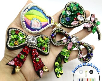 8pcsset flower bowtie beaded patches for clothing sequins Rhinestone appliques parches floral DIY handmade clothes accessories