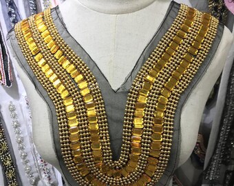Fashion vintage golden beaded collar patches for clothing sequins Rhinestone appliques parches floral DIY handmade clothes accessories