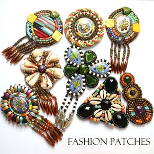 May include: Assortment of colorful, beaded and shell embellishments for clothing and accessories.  These patches feature a variety of designs, including floral, geometric, and abstract patterns.  The patches are perfect for adding a touch of handmade style to any project.