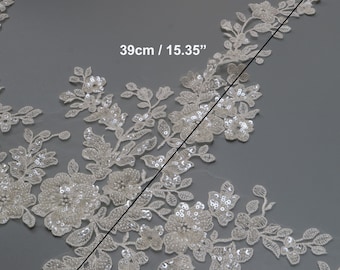 Aplique de encaje con cuentas de diamantes de imitación - Parche bordado para novias (1 yarda)