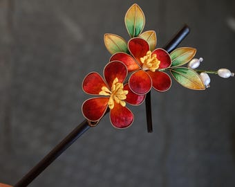 Luxury hanmdade vintage Chinese intangible cultural heritage velvet flower hairpin sandalwood hair stick