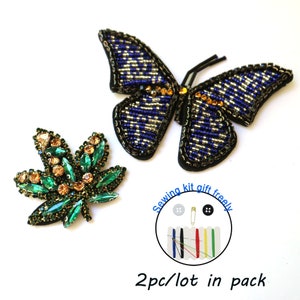 2pcs/set butterfly leaf beaded patches for clothing sequins Rhinestone appliques parche DIY handmade clothes accessories