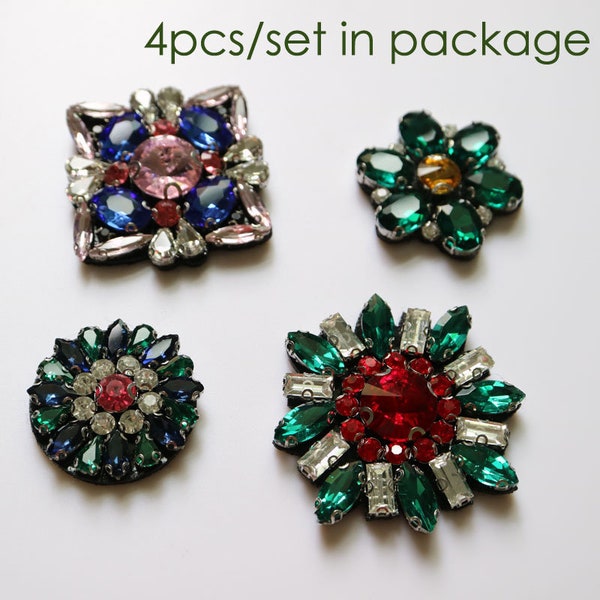 4pcs/set round flowers Handmade Rhinestone beaded Patch for clothing DIY sequins embroidery applique Patches decorative parches