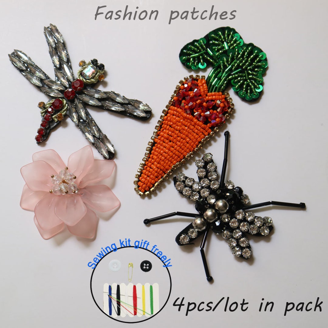 4pcs/set Orange Handmade Sequins Beaded Patches for Clothing DIY Rhinestone  Beaded Sew on Patch Embroidery Applique Parche Ropa 