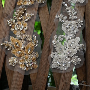 2 pezzi/paio di grandi applicazioni di pizzo con perline di lusso per abiti da sposa, toppe floreali ricamate con strass per abiti da cucire, decorazioni per abiti