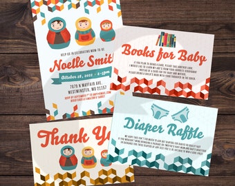 DIY Printable Nesting Doll Modern Invitation | Books for Baby | Diaper Raffle | Thank you | Matryoshka Baby Shower Invite Kit