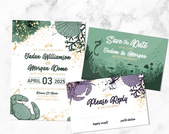 DIY Printable Under The Sea Inspired Wedding Invitation, RSVP and Save the Date | Princess Fairytale Sun | Scale Mermaid Fairytale