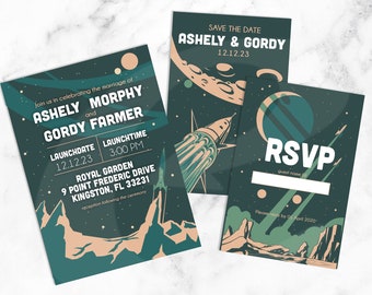 DIY Printable Retro Science Fiction Rocket Wedding Invitation | Save The Date | RSVP | Space Galaxy Astronaut Kit Download | Digital File