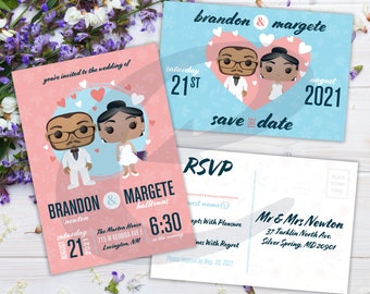 DIY Printable Pop Culture Inspired Custom Portrait Wedding Invitation | Save The Date | RSVP | Chibi Cute Couple Wedding Kit  | Digital File