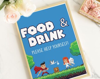 INSTANT DOWNLOAD 8bit Video Game Food & Drink Baby Shower Sign | Food Table  | DIY DnD Geeky Gamer Gender Neutral Poster