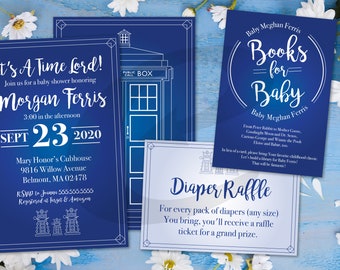 DIY Space Doctor Inspired Baby Invitation | Books for Baby | Diaper Raffle | Thank You Card | Scifi Police Box Time Travel Party Kit