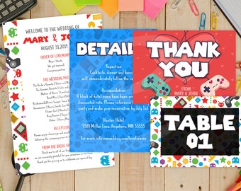 DIY Printable Video Game Wedding Detail Kit Program, Table Card, Thank you or Detail Card | Gamer Wedding  Kit Download | Digital File