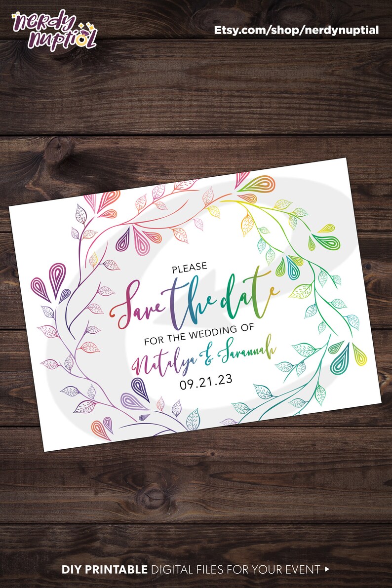 DIY Printable Love is Love Pride Rainbow Wedding Invitation Save The Date RSVP Same Sex Marriage Gay Lesbian LGBT Leaf Flower Nature image 2