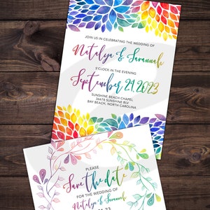 DIY Printable Love is Love Pride Rainbow Wedding Invitation Save The Date RSVP Same Sex Marriage Gay Lesbian LGBT Leaf Flower Nature image 3