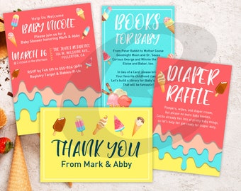 DIY Printable Ice Cream Party  Baby Shower Invitation | Books for Baby | Diaper Raffle | Thank you | Here’s the Scoop Shower Invite Kit