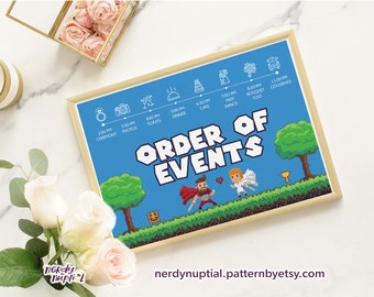 8bit Video Game Inspired Order of Events Template | DIY Wedding D&D Fantasy RPG Gamer Party Time Line, Itinerary, Infographic Sign