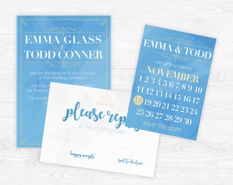 DIY Printable Prinzessin Cinderella Blue Hochzeitseinladung | Save The Date | Antwortkarten | Elegantes Märchenschloss Kit Download | Digitale Datei