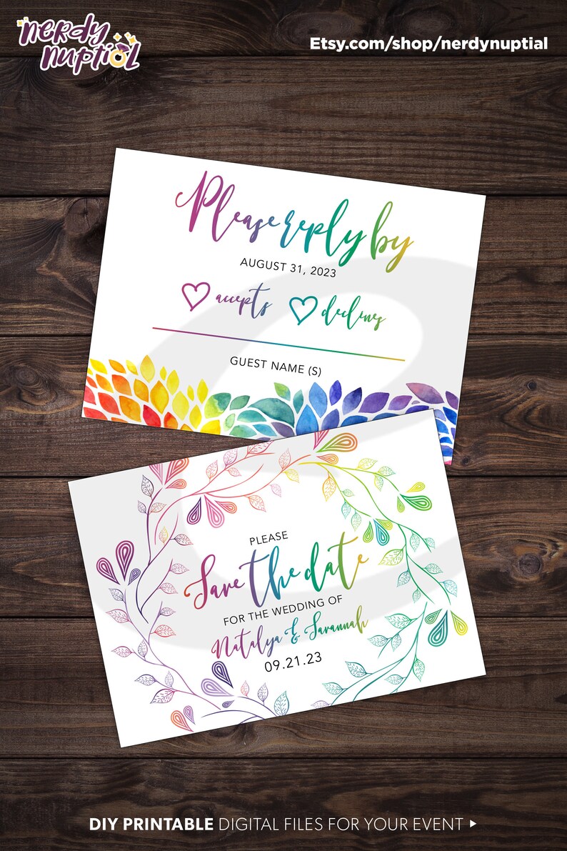 DIY Printable Love is Love Pride Rainbow Wedding Invitation Save The Date RSVP Same Sex Marriage Gay Lesbian LGBT Leaf Flower Nature image 7