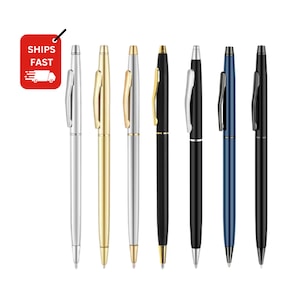 May include: A collection of seven ballpoint pens in various colors, including silver, gold, black, and blue. Each pen has a sleek, metallic finish and a clip for attaching to a pocket or notebook. The image includes a red tag with the text "SHIPS FAST".