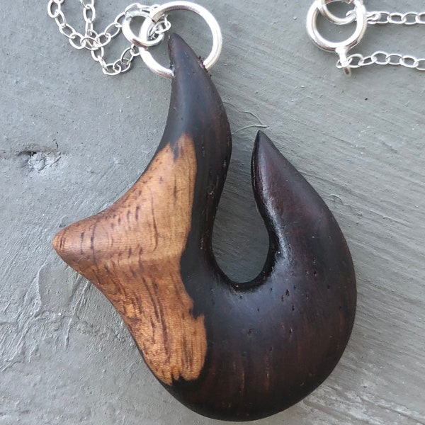 Hand Carved Rosewood Polynesian Maori Fishhook Hei Matau Necklace