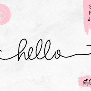 Op de afbeelding: Een zwart-wit cursief lettertypeontwerp dat "hallo" zegt met een eenvoudige, elegante stijl.