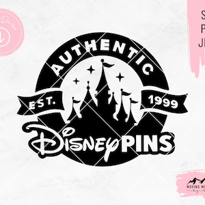 May include: Black and white logo with the text "AUTHENTIC EST. 1999 DISNEY PINS" in a circle. The logo features a silhouette of Cinderella's castle with stars.